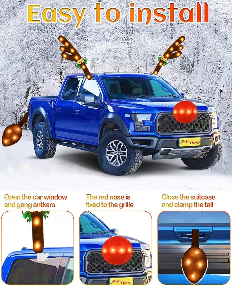 Dergo Christmas Reindeer Antlers Car Decoration Kit with LED Warm White Lights, Vehicle Christmas Car Kit with Jingle Bells Rudolph Reindeer and Nose, Tail for The Trunk - Image 4
